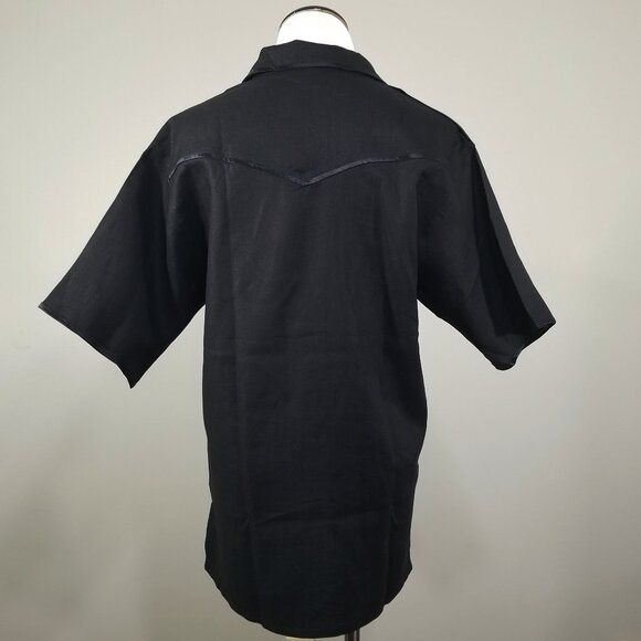 Vintage Bellagio S Black Linen Blouse Short Sleeve Top Western Yoke Satin Trim - Picture 9 of 9